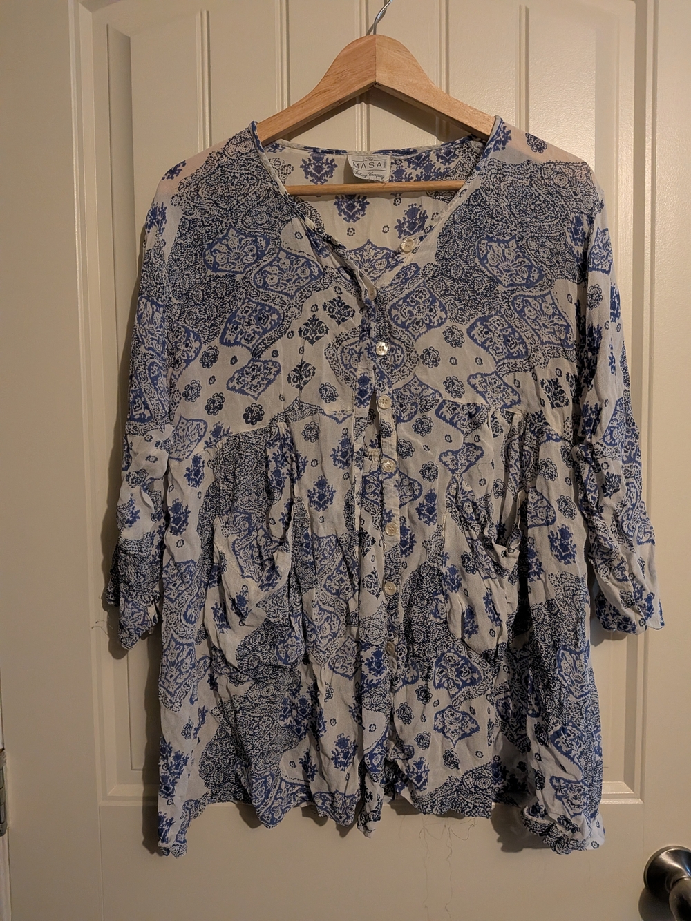 Blue & Cream Boho Button Up Blouse